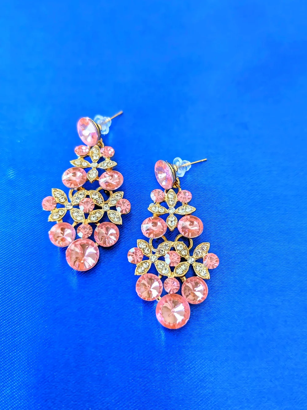 Gold Plated Pink Crystal Statement Necklace & Earring Set